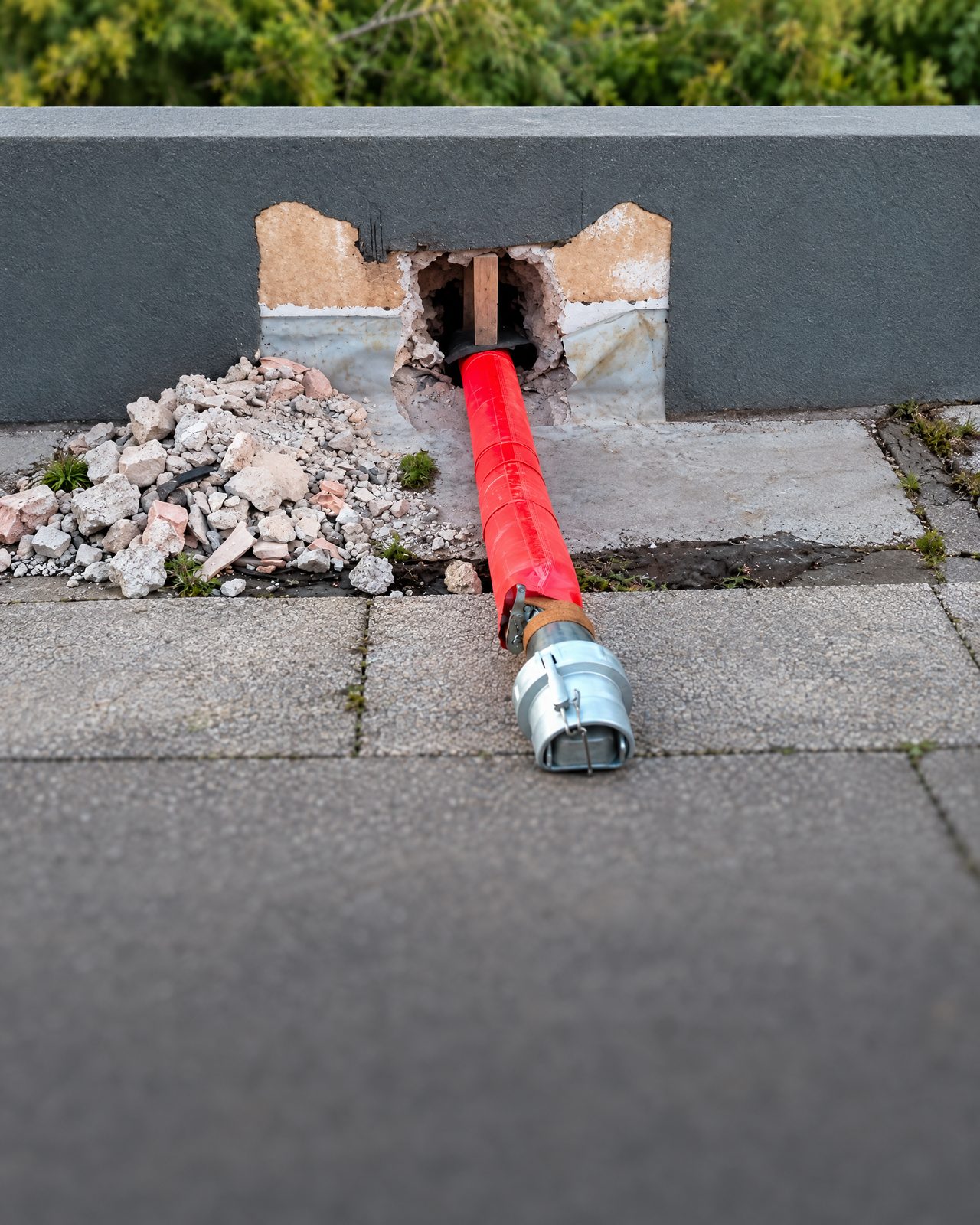 Liner rosso inserito nella condotta attraverso un accesso nel muro